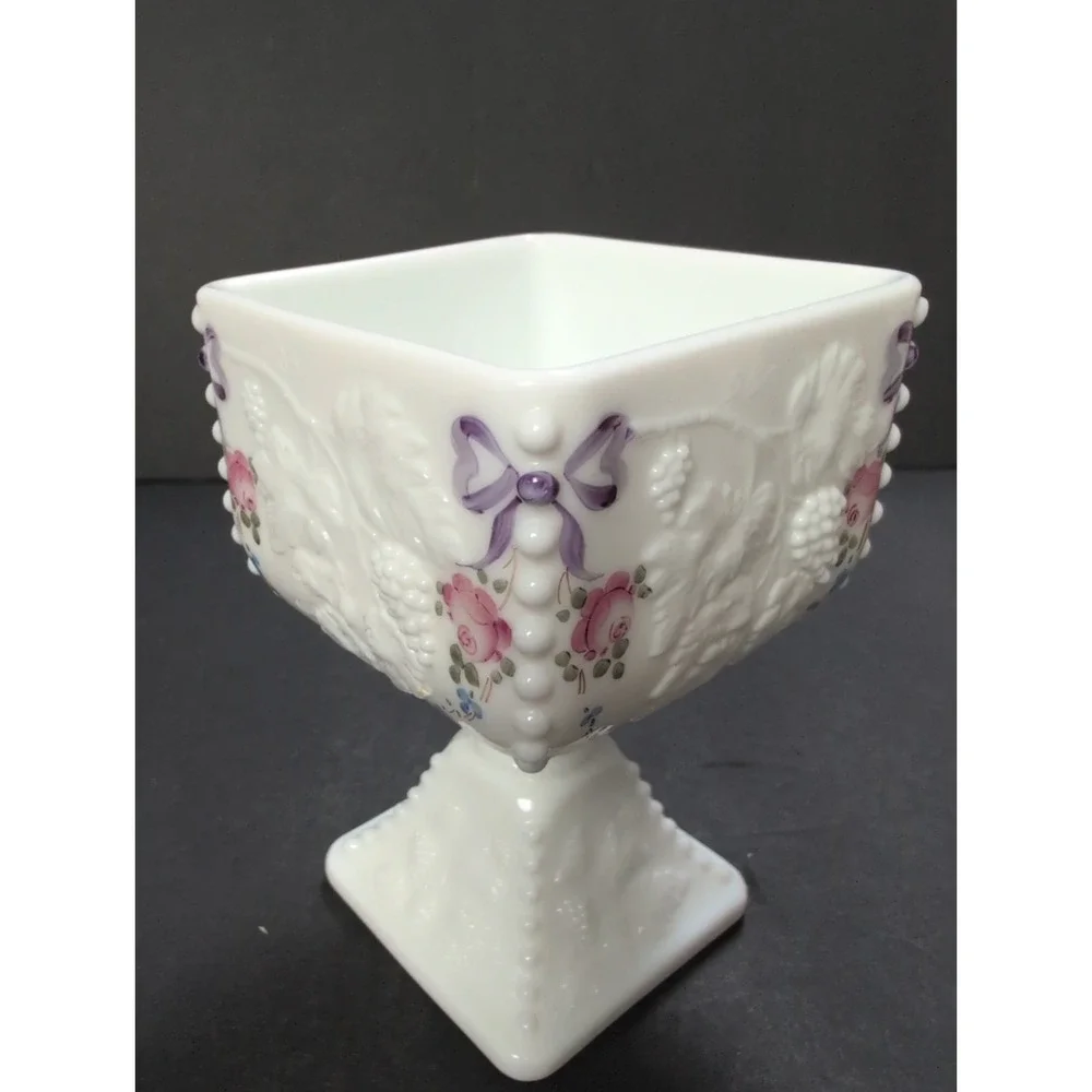 Vintage Westmoreland Milk Glass Brides Bowl Pink Roses - Purple RibbonBeautiful